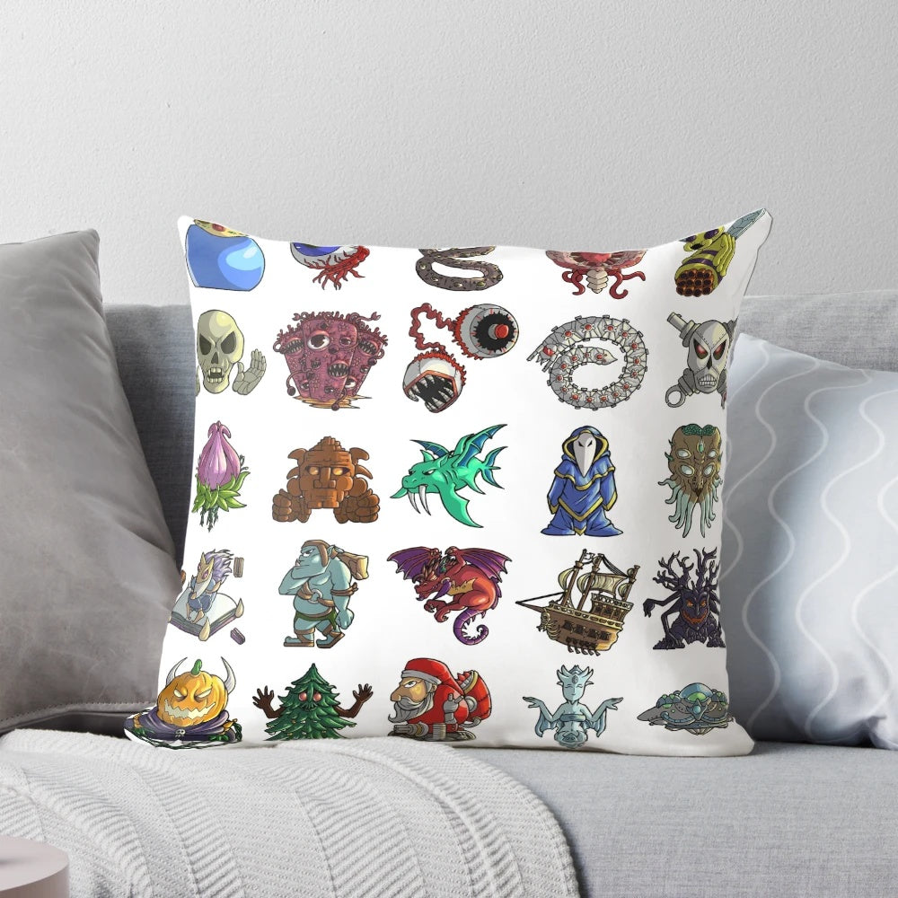 Terraria Boss Pillow featuring the game's iconic bosses like slime, eye, worm, bee queen, moon lord, and fishron.