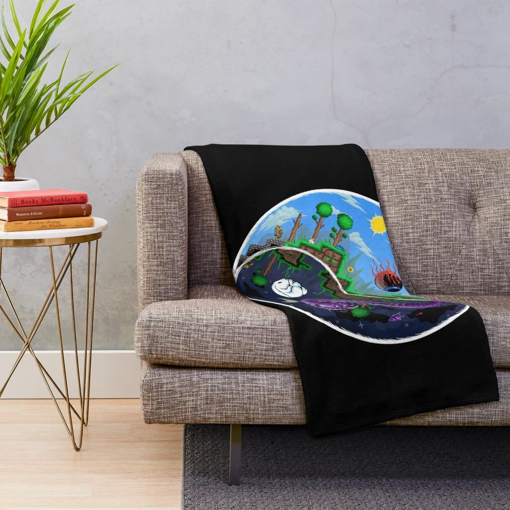 Terraria-inspired plush blanket featuring night and day horror design