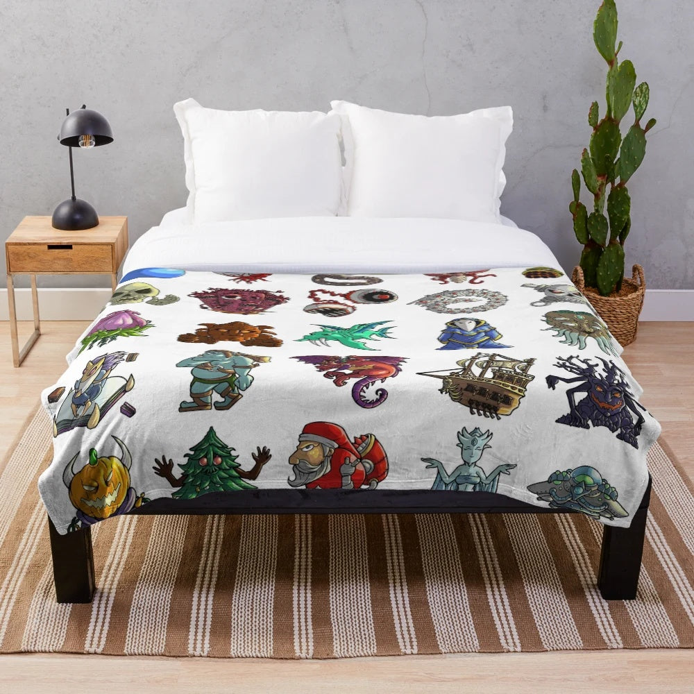 Terraria-inspired plush blanket with various game bosses