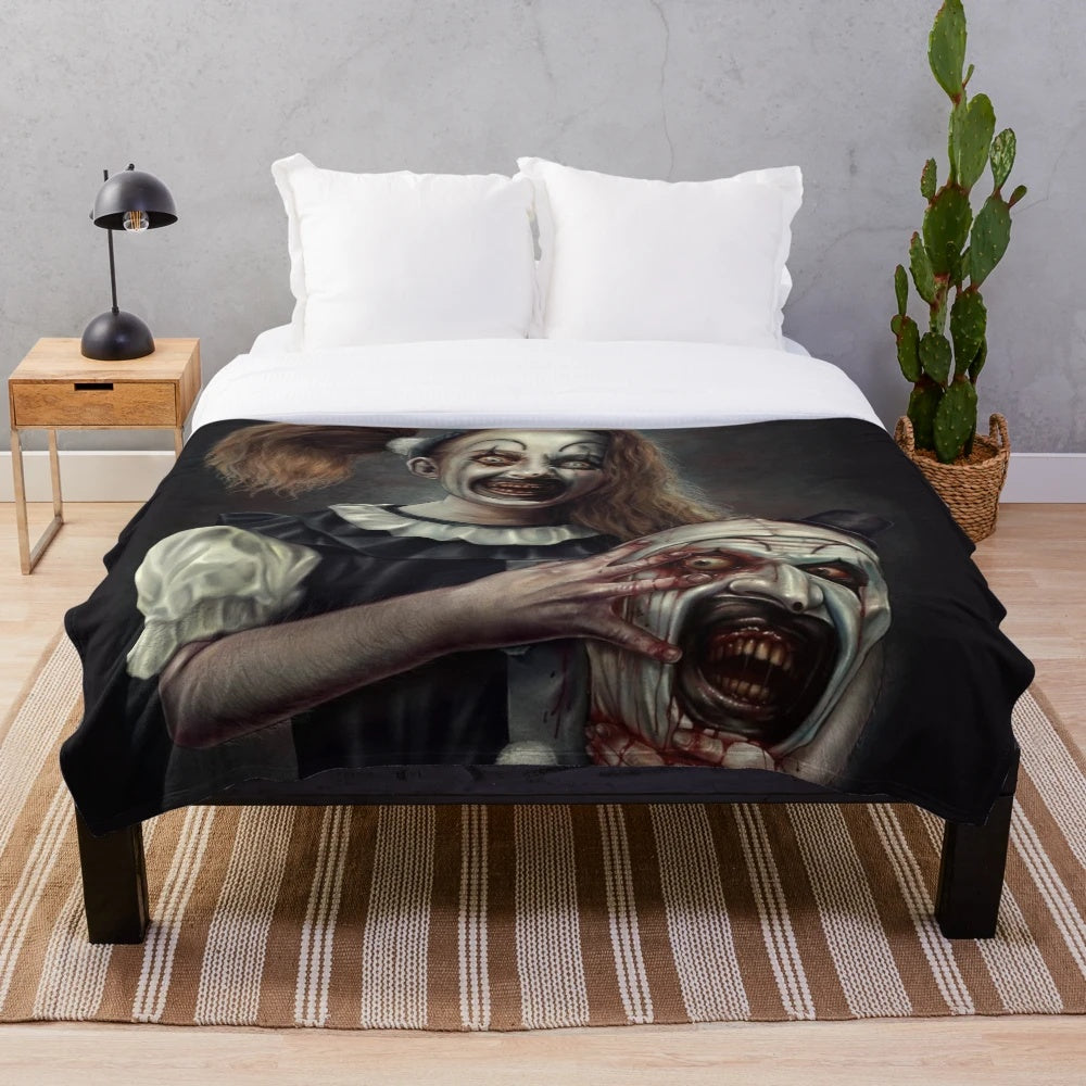 Terrifier 2 inspired plush blanket featuring the iconic Art the Clown character