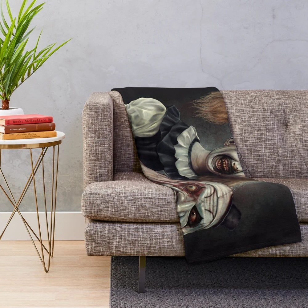 Terrifier 2 inspired plush blanket featuring the iconic Art the Clown character