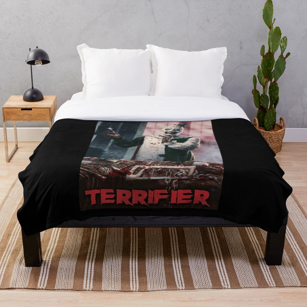Terrifier-inspired plush blanket featuring the iconic Art the Clown character