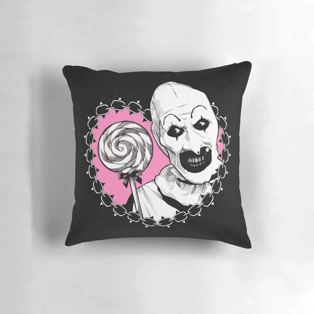 Dark and creepy Art the Clown lollipop-themed pillow for Halloween decor