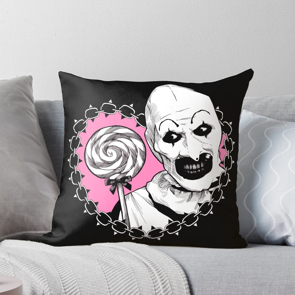 Dark and creepy Art the Clown lollipop-themed pillow for Halloween decor