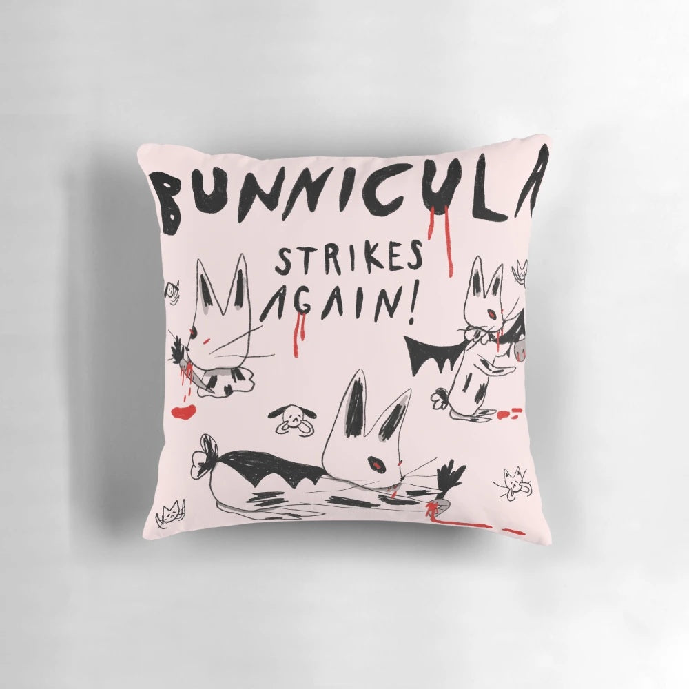 Bunnicula Strikes Again! Pillow featuring a spooky vampire rabbit design