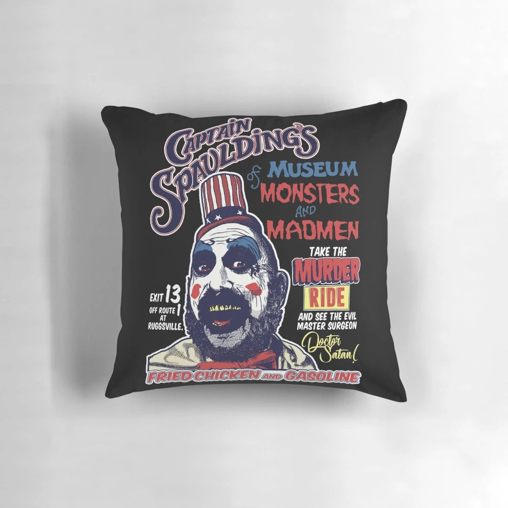 Creepy "Captain Spaulding's Museum of Monsters and Madmen" horror-themed decorative pillow