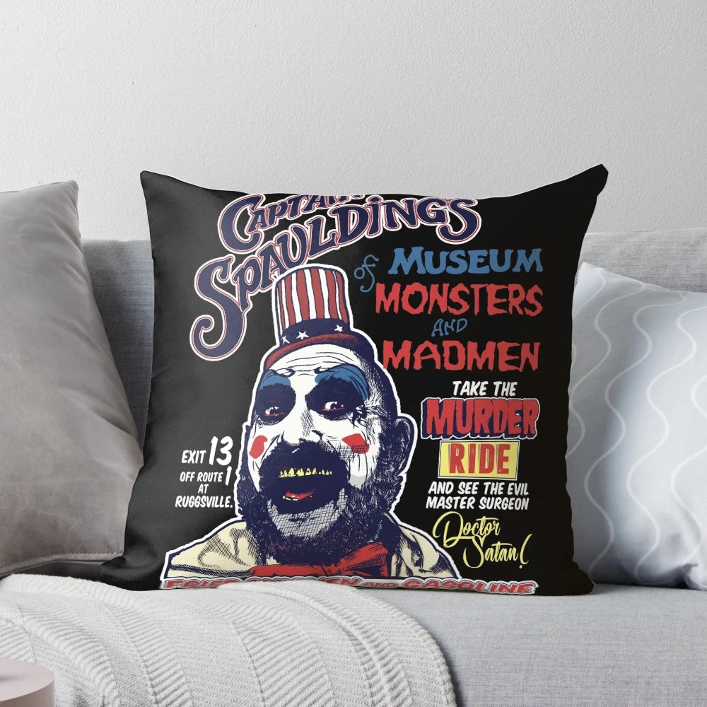 Creepy "Captain Spaulding's Museum of Monsters and Madmen" horror-themed decorative pillow