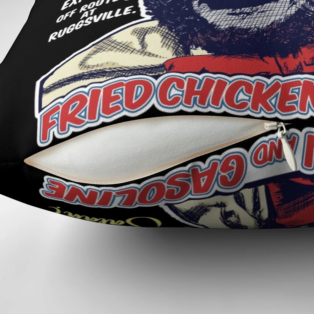 Creepy "Captain Spaulding's Museum of Monsters and Madmen" horror-themed decorative pillow