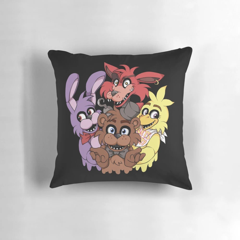Five Nights at Freddy's themed pillow featuring characters Freddy Fazbear, Bonnie, Chica, and Foxy