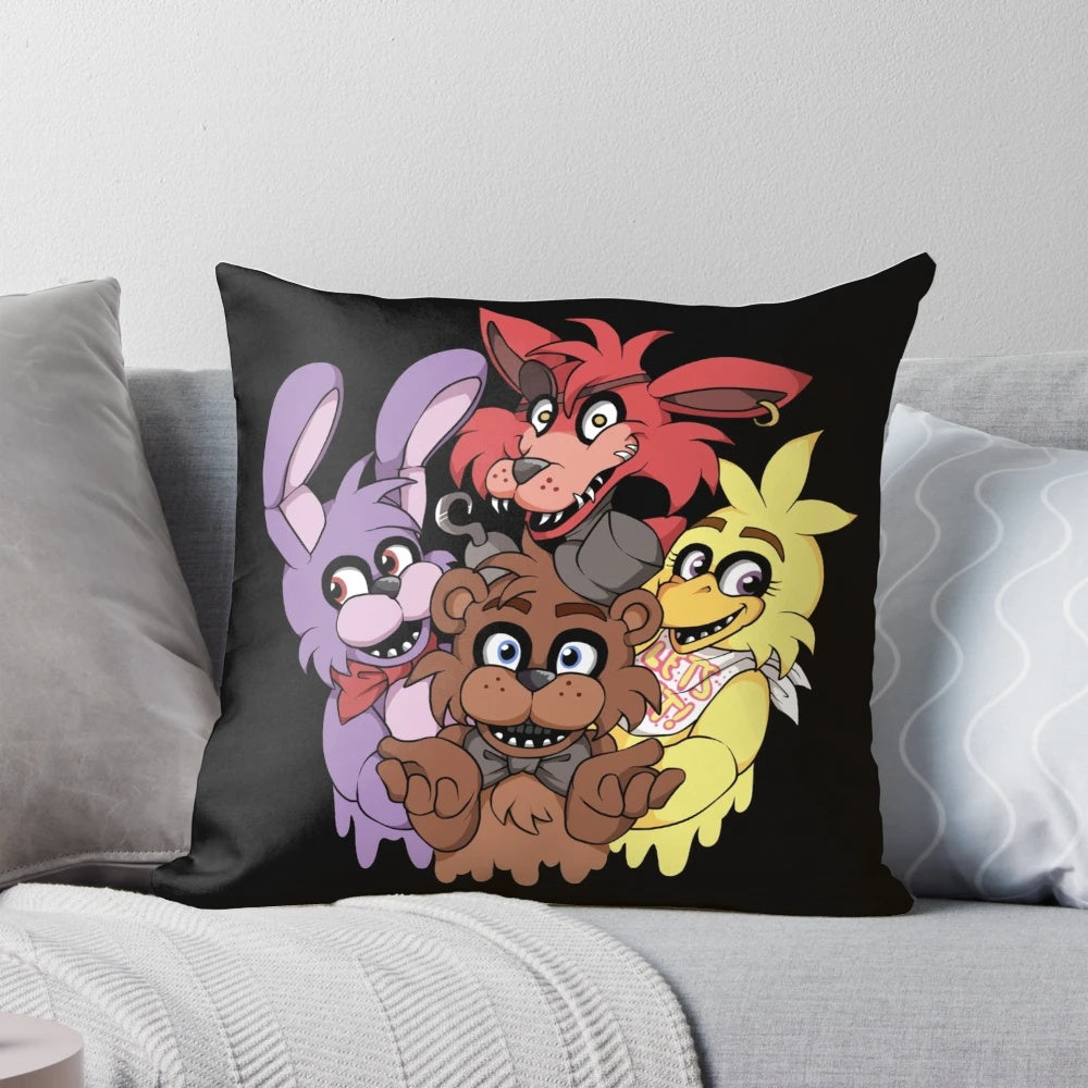Five Nights at Freddy's themed pillow featuring characters Freddy Fazbear, Bonnie, Chica, and Foxy