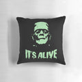A spooky Frankenstein monster decorative pillow featuring a pop art design