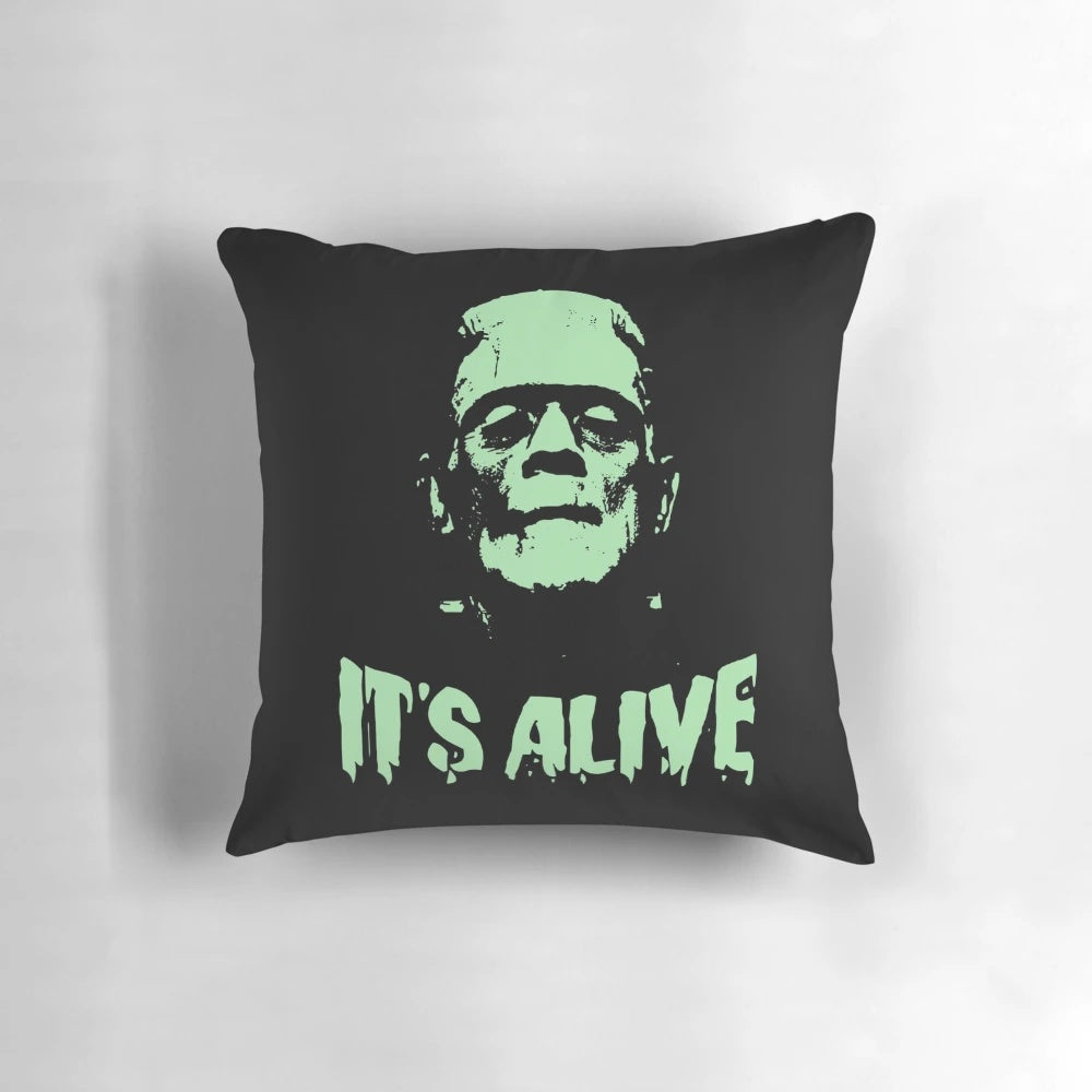 A spooky Frankenstein monster decorative pillow featuring a pop art design