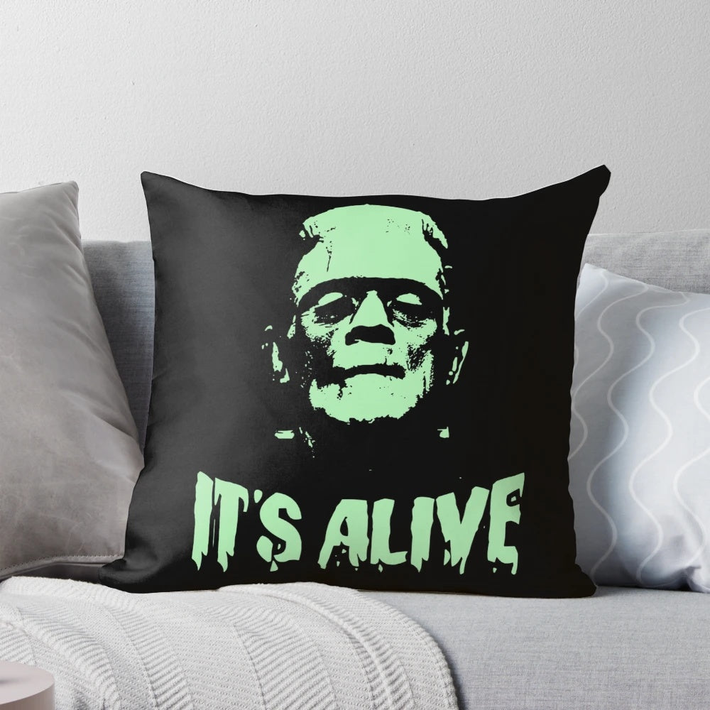 A spooky Frankenstein monster decorative pillow featuring a pop art design