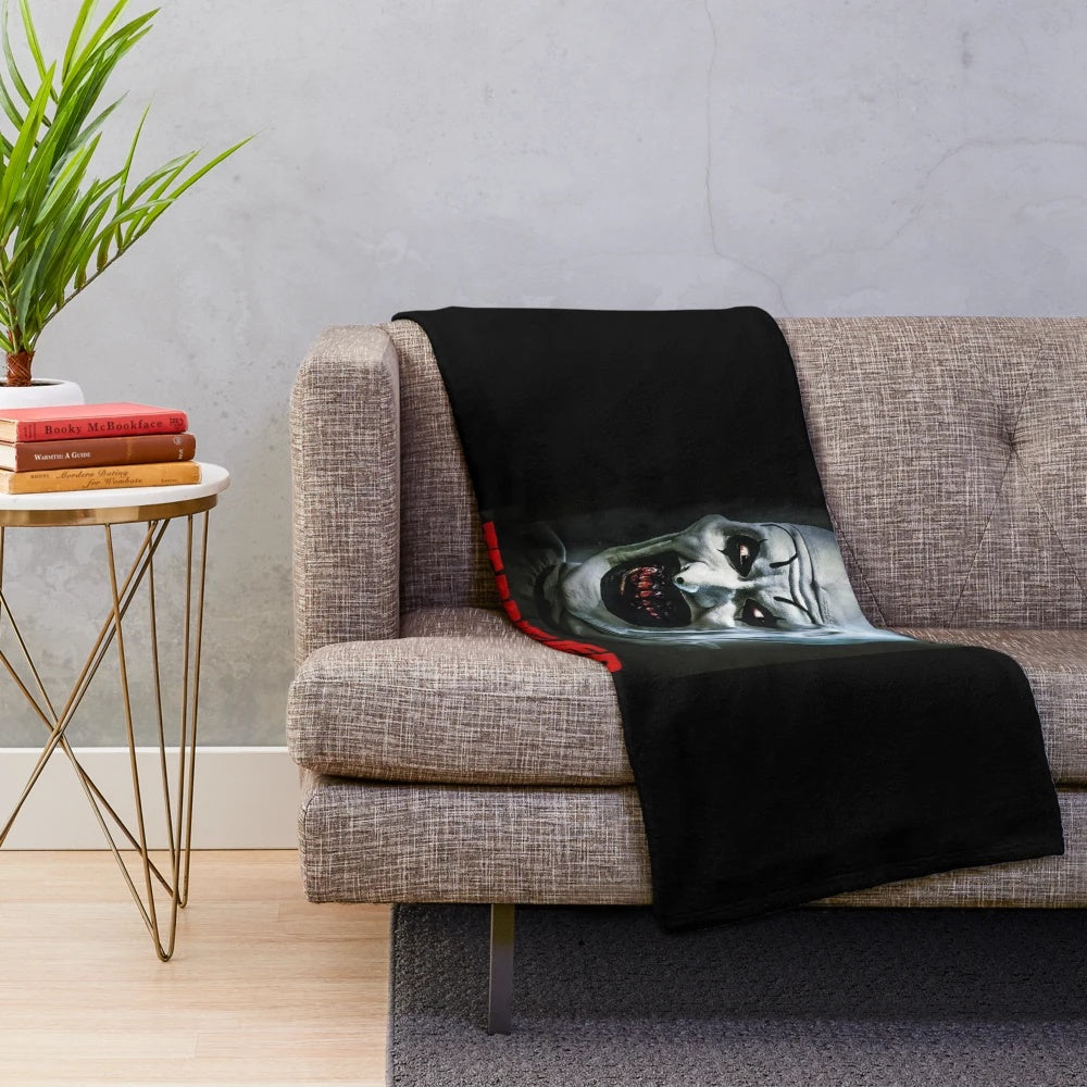Terrifying horror-themed plush blanket featuring scary killer clown art