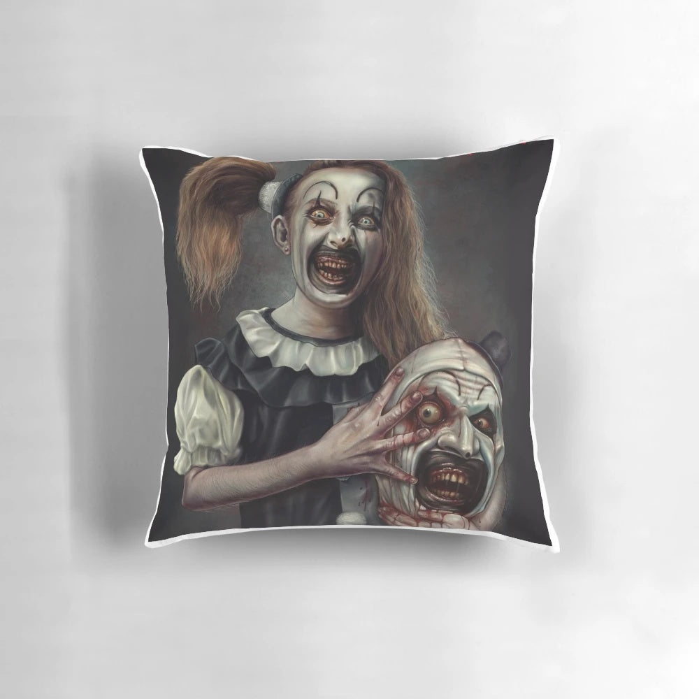 Creepy and captivating pillow featuring the iconic 'Little Pale Girl' from the hit horror movie 'Terrifier 2'