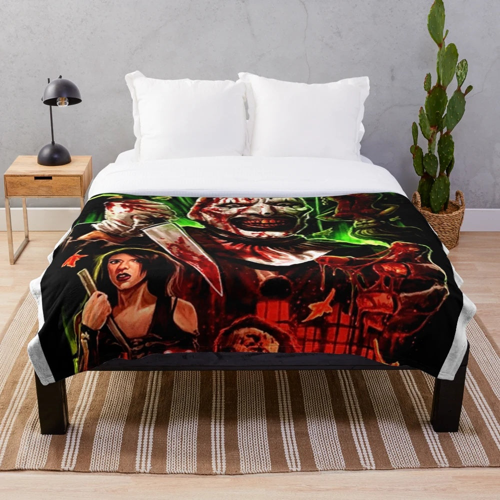 Terrifier movie-inspired plush blanket featuring the iconic clown character