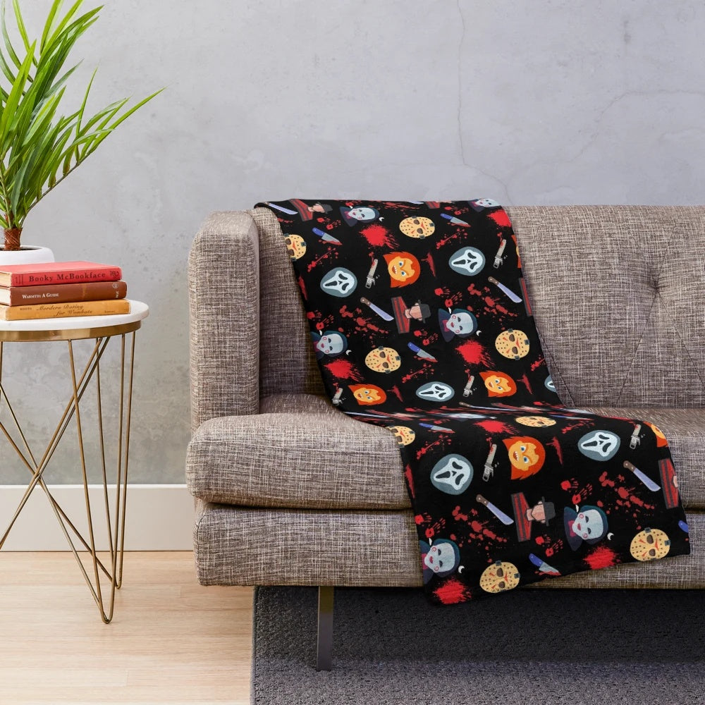 Horror movie-inspired plush blanket featuring iconic slasher characters