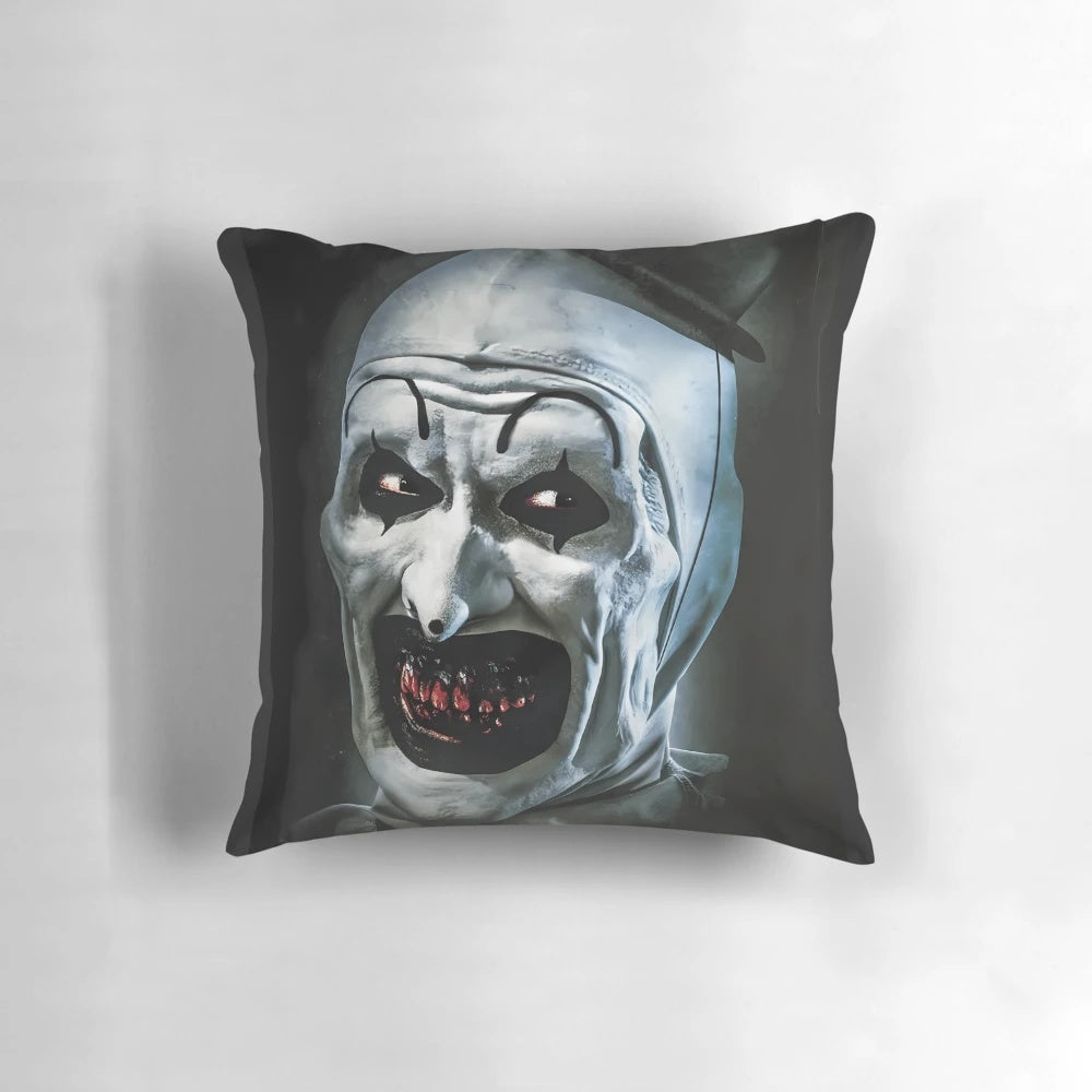 Terrifier horror clown pillow, featuring the iconic Art the Clown from the Terrifier movie franchise.