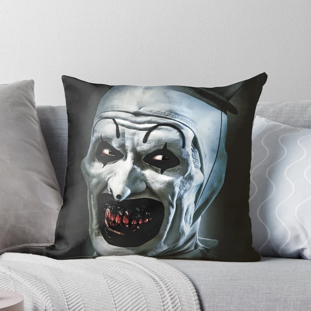 Terrifier horror clown pillow, featuring the iconic Art the Clown from the Terrifier movie franchise.