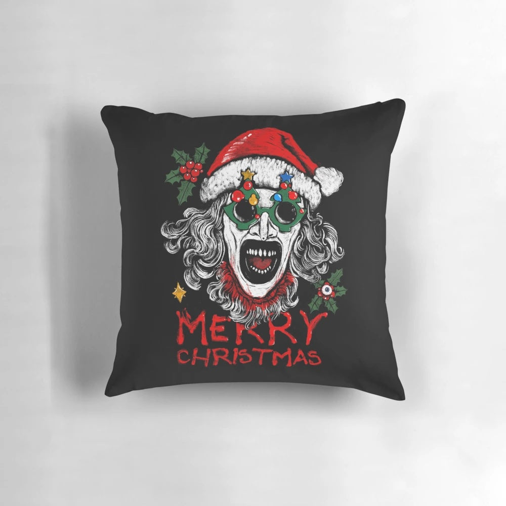 A creepy and unsettling Terrifier Santa Claus horror-themed Christmas pillow design.
