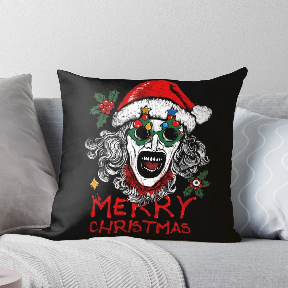A creepy and unsettling Terrifier Santa Claus horror-themed Christmas pillow design.