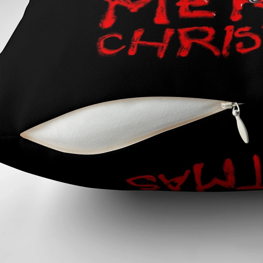 A creepy and unsettling Terrifier Santa Claus horror-themed Christmas pillow design.