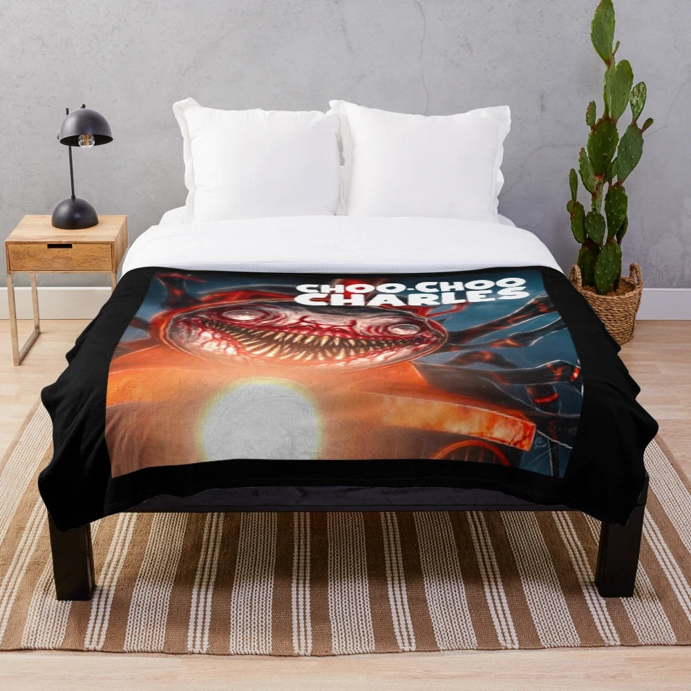 Chilling horror-themed plush blanket with train design