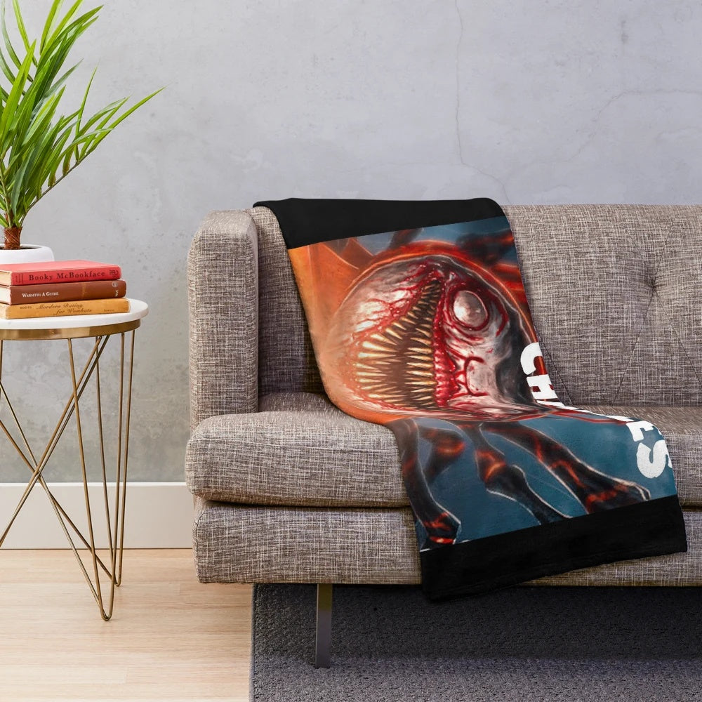 Chilling horror-themed plush blanket with train design