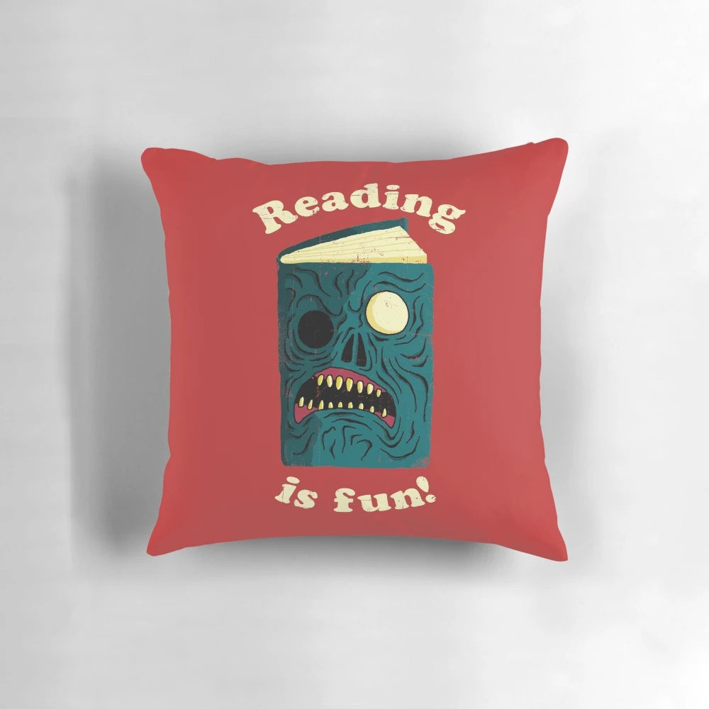 A reading pillow with a spooky, horror-themed design featuring references to the Evil Dead franchise.