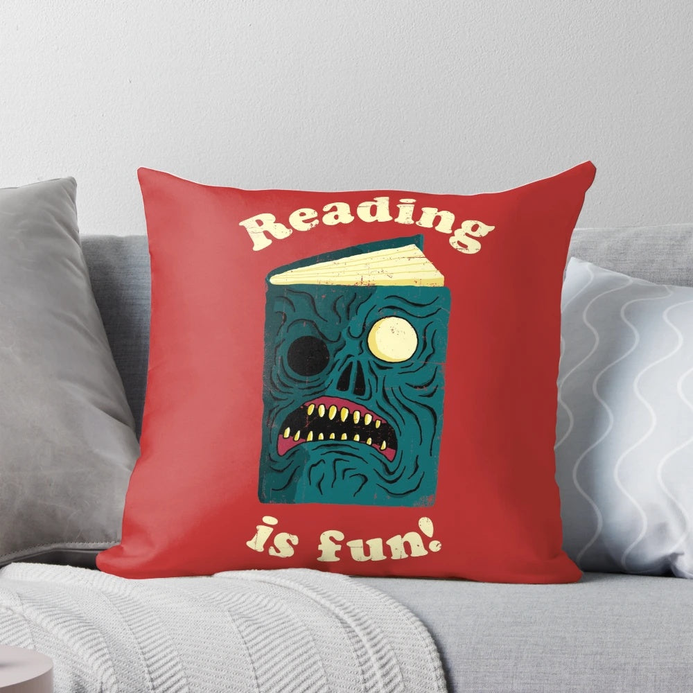 A reading pillow with a spooky, horror-themed design featuring references to the Evil Dead franchise.
