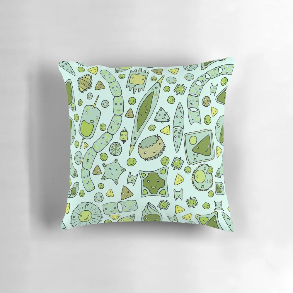 Colorful, tessellating diatom pattern printed on a soft, comfortable pillow.
