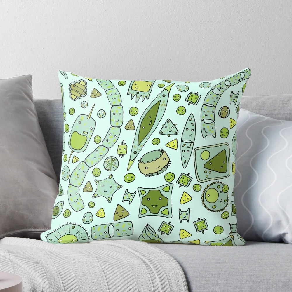 Colorful, tessellating diatom pattern printed on a soft, comfortable pillow.
