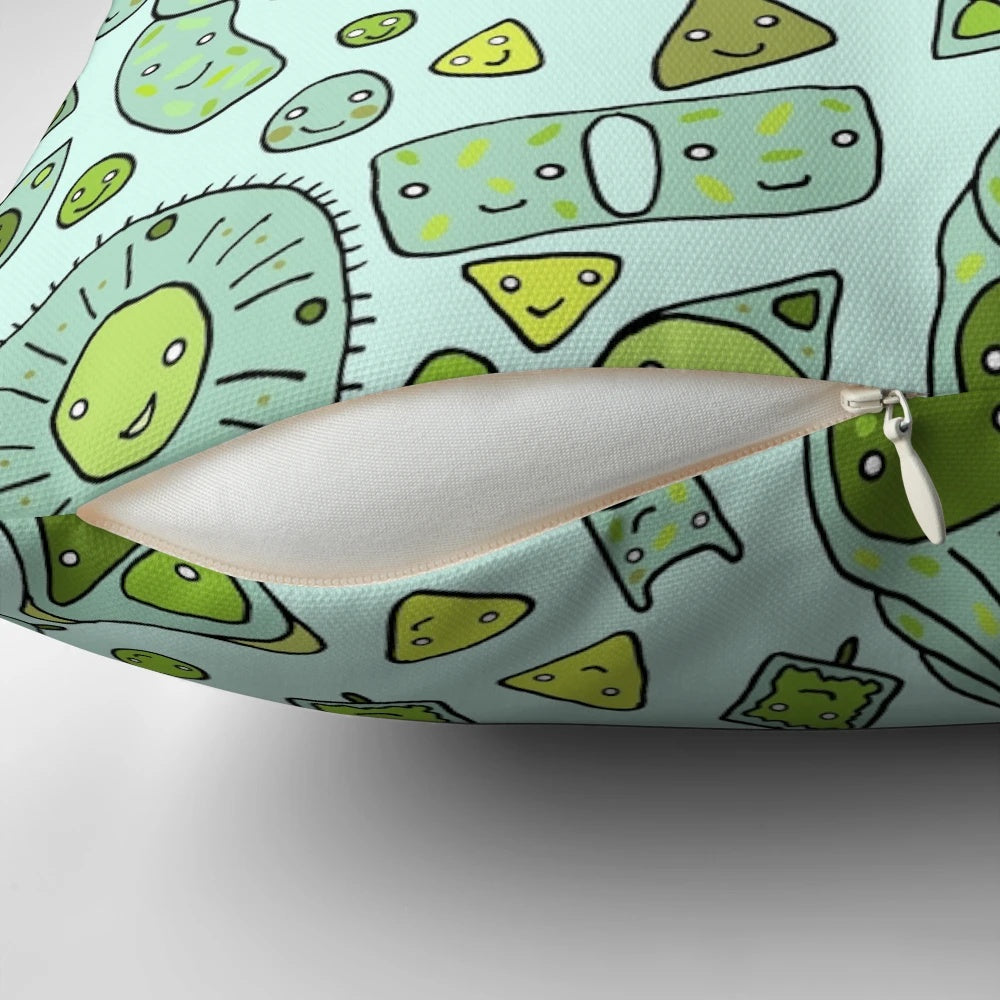 Colorful, tessellating diatom pattern printed on a soft, comfortable pillow.