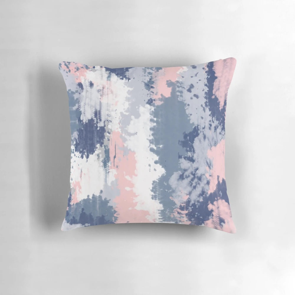 Textured abstract art print pillow with navy blue, grey, and pink brush strokes