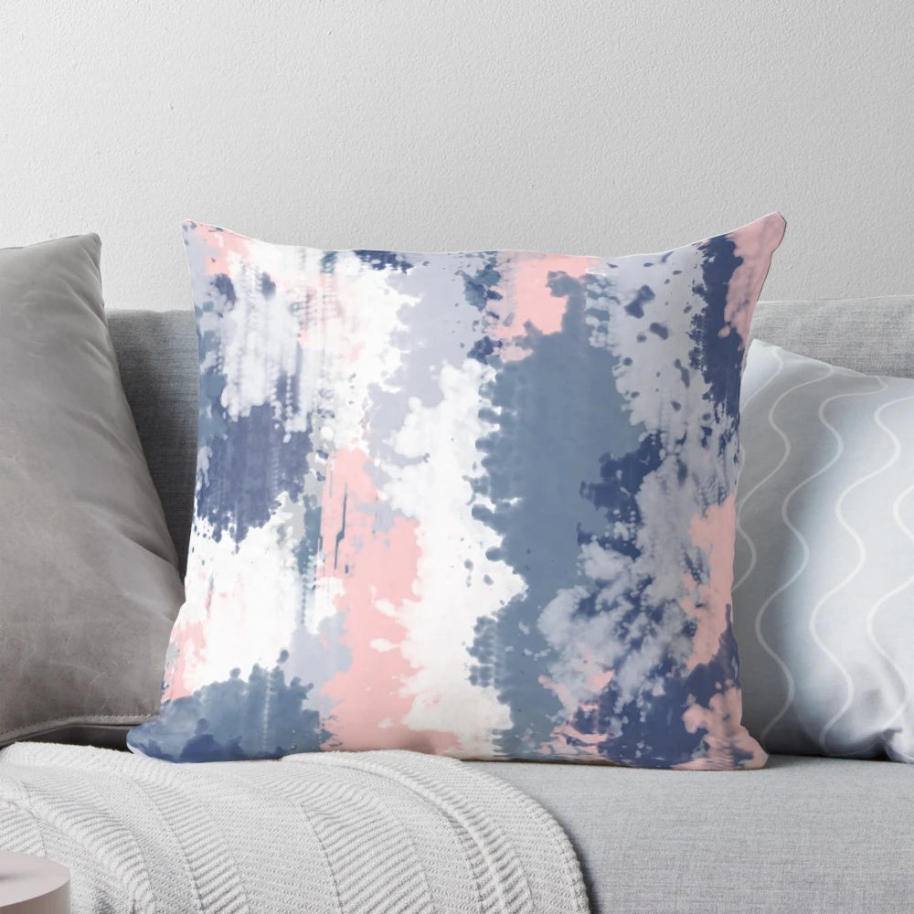 Textured abstract art print pillow with navy blue, grey, and pink brush strokes