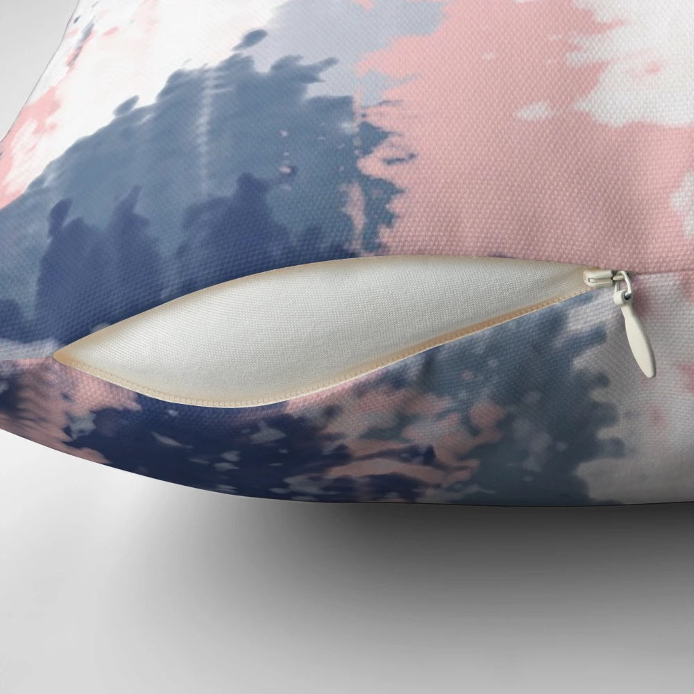 Textured abstract art print pillow with navy blue, grey, and pink brush strokes
