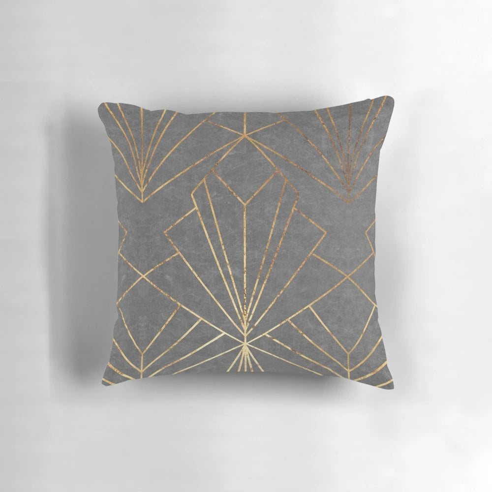 Textured grey decorative pillow with art deco-inspired geometric pattern