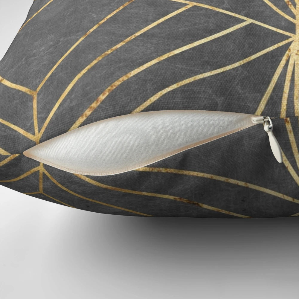 Textured grey decorative pillow with art deco-inspired geometric pattern