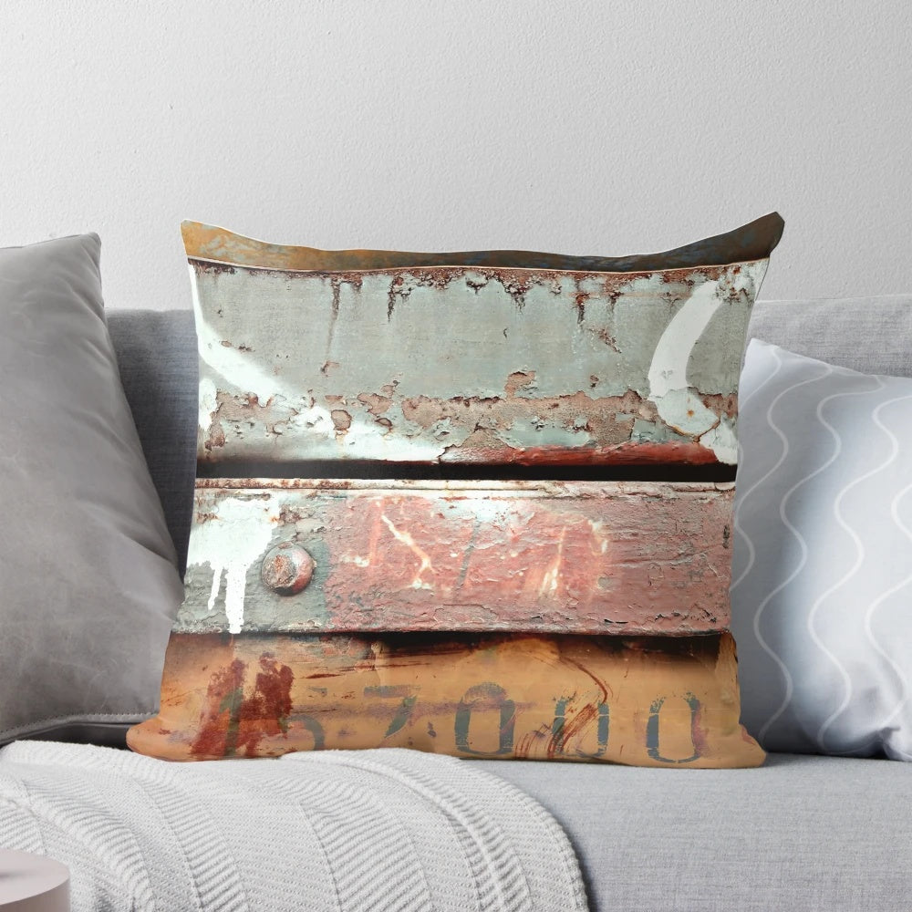 Industrial grunge-style pillow with a distressed, textured design inspired by urban art and architecture