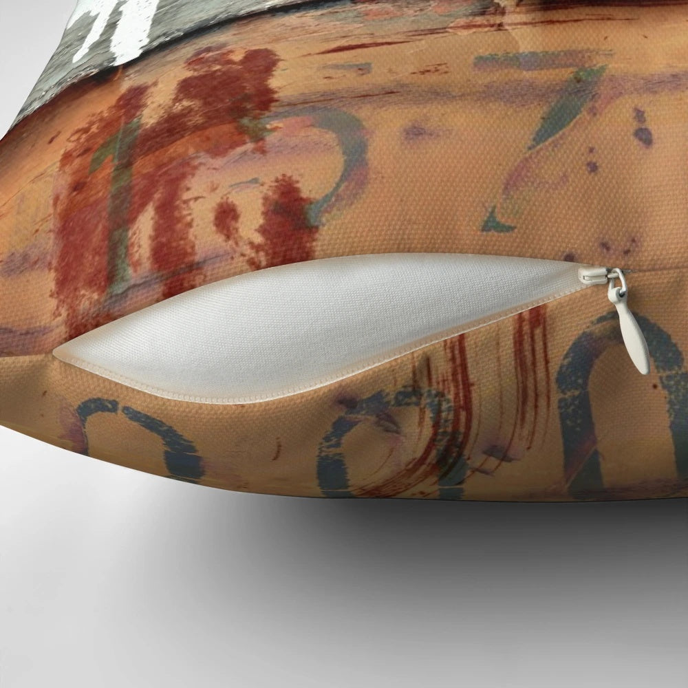 Industrial grunge-style pillow with a distressed, textured design inspired by urban art and architecture