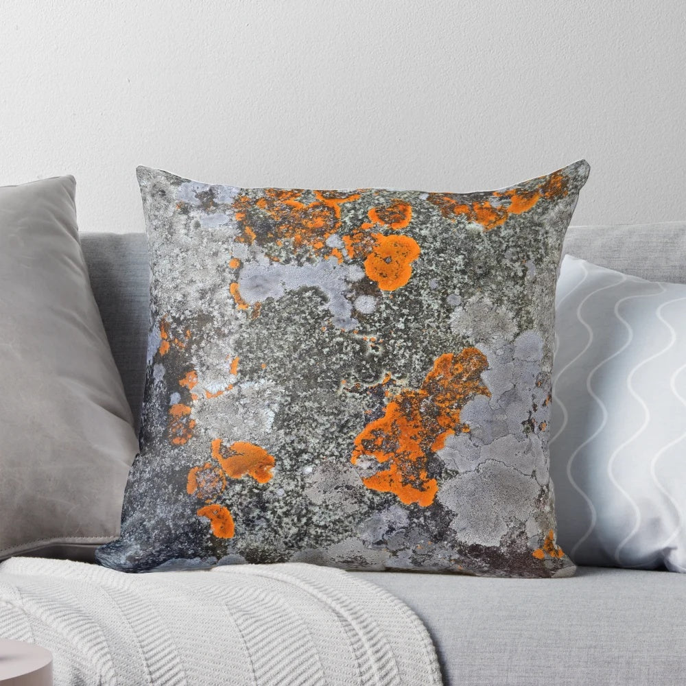 Decorative throw pillow featuring a natural lichen and stone texture in a palette of orange, grey, and black.