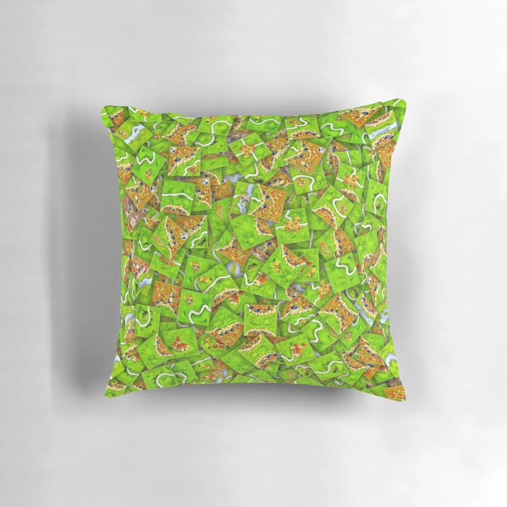 Carcassonne-inspired textured pillow with game board patterns and meeple designs