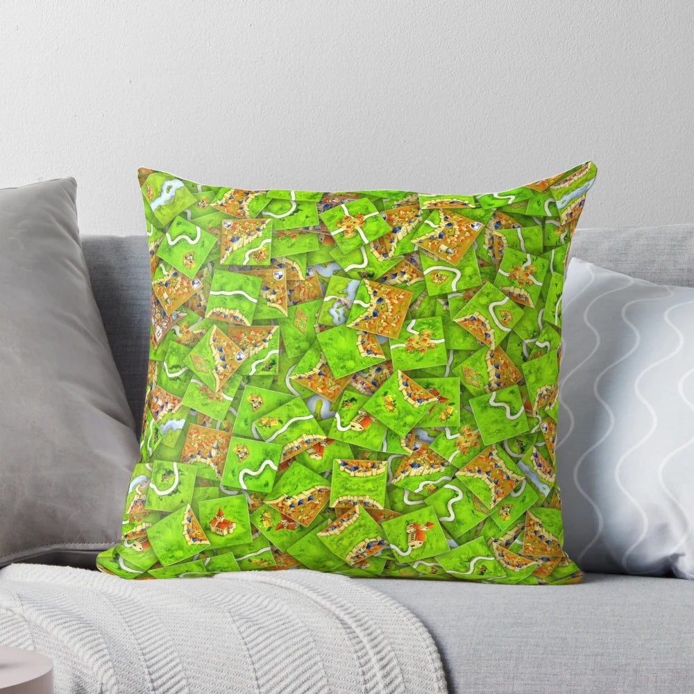 Carcassonne-inspired textured pillow with game board patterns and meeple designs