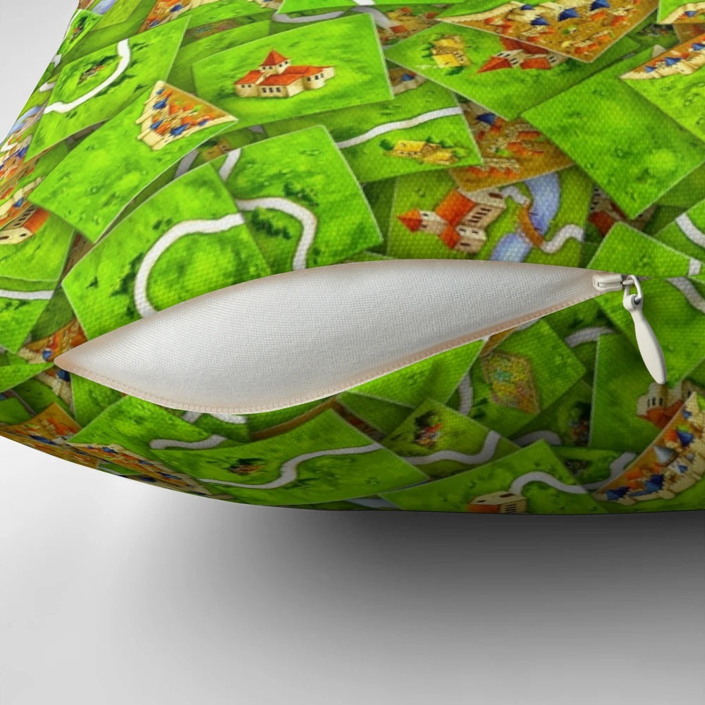 Carcassonne-inspired textured pillow with game board patterns and meeple designs