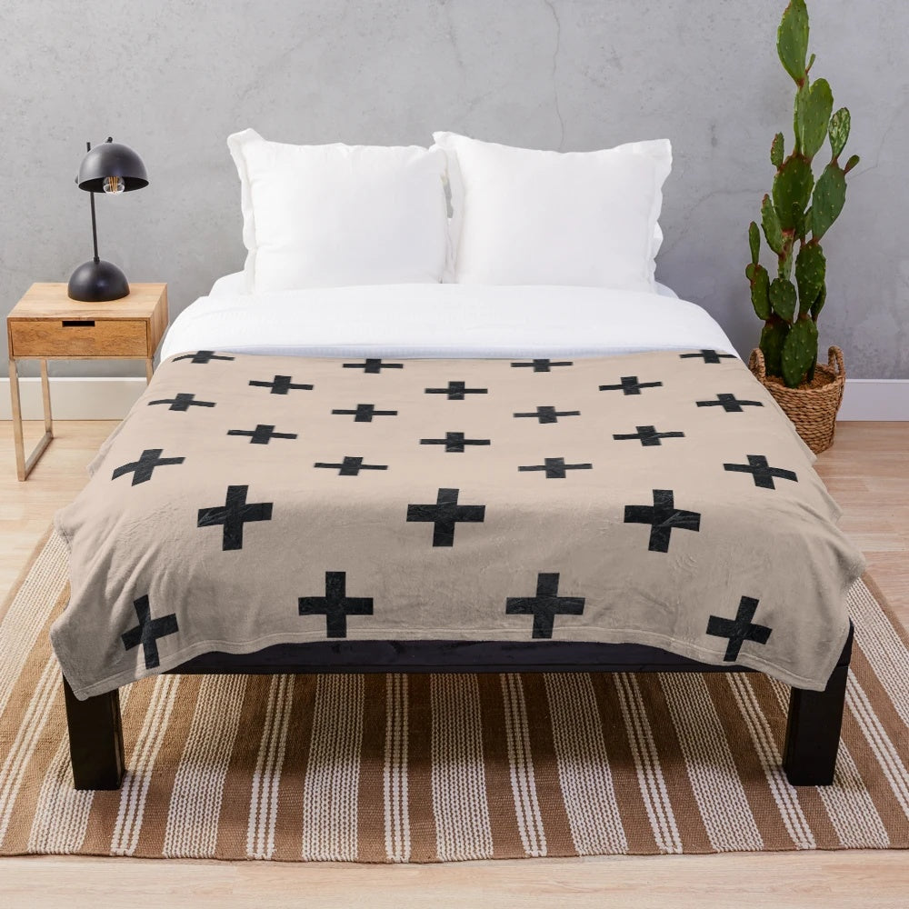 Beige and black textured swiss cross pattern plush blanket