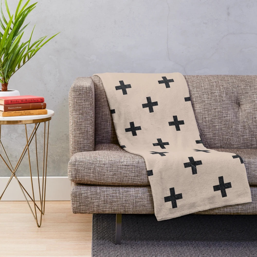 Beige and black textured swiss cross pattern plush blanket