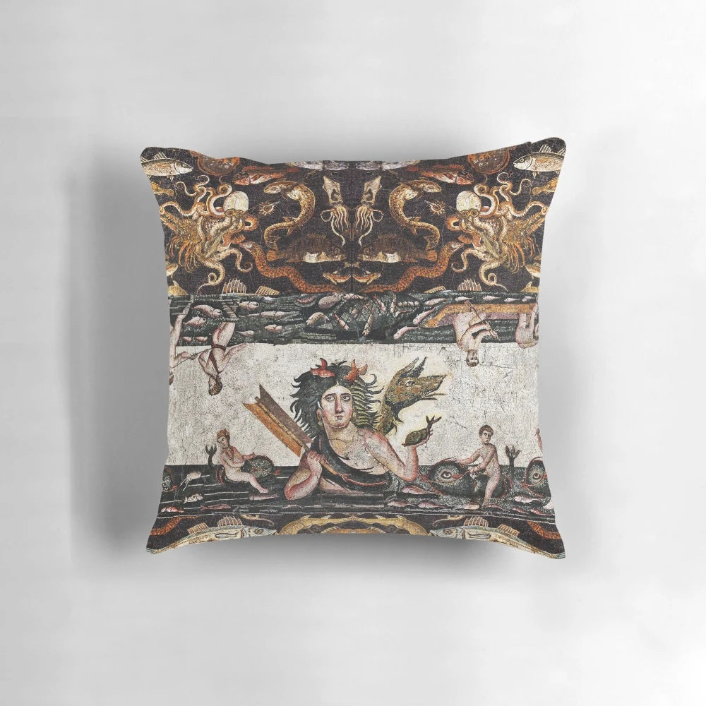 Thalassa Sea Goddess Pillow Featuring Intricate Sea Life Mosaics