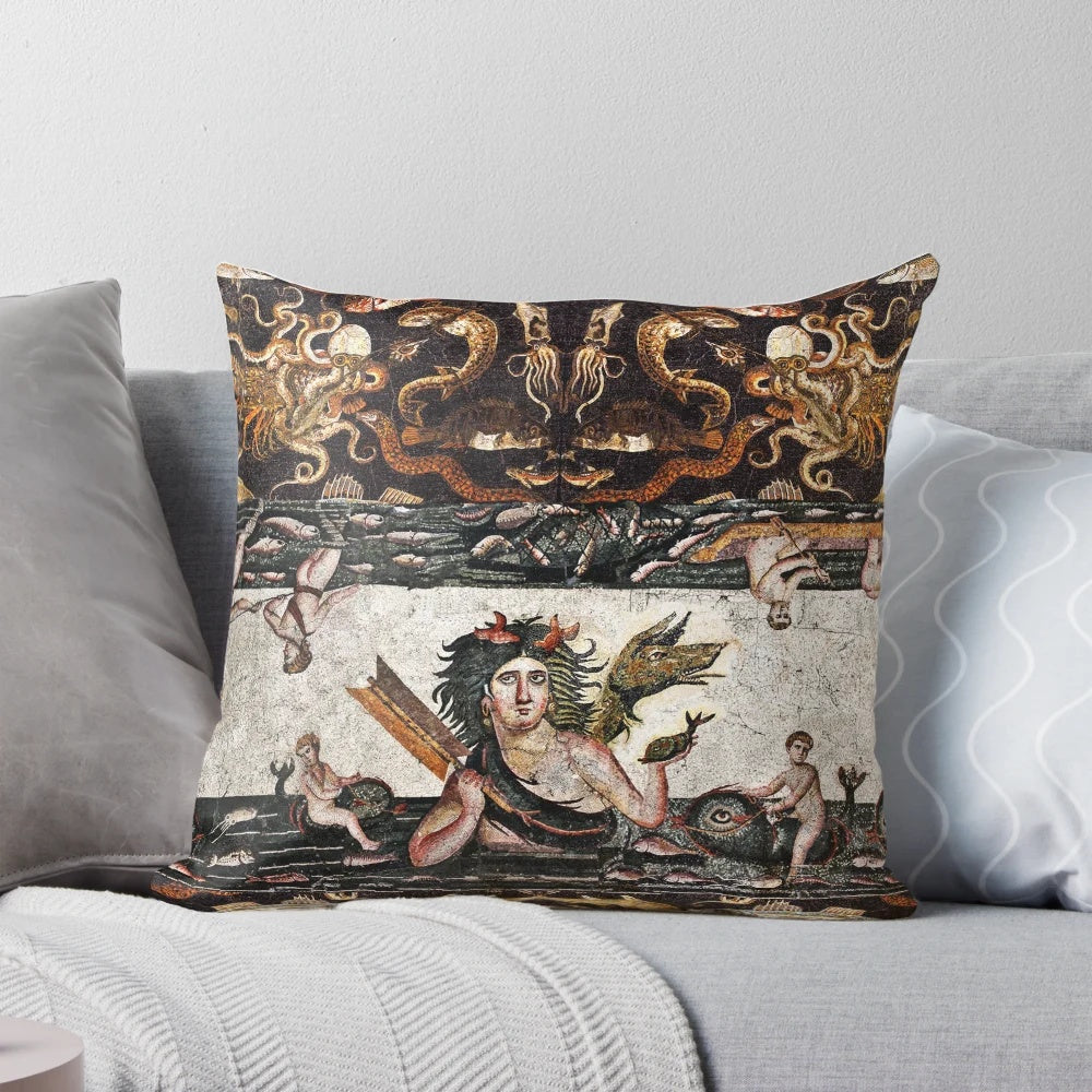 Thalassa Sea Goddess Pillow Featuring Intricate Sea Life Mosaics