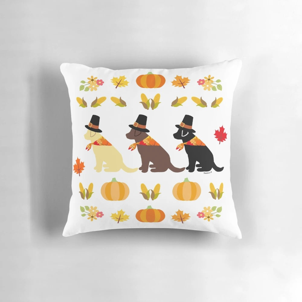 A cozy Thanksgiving-themed throw pillow featuring a silhouette of a Labrador Retriever dog.