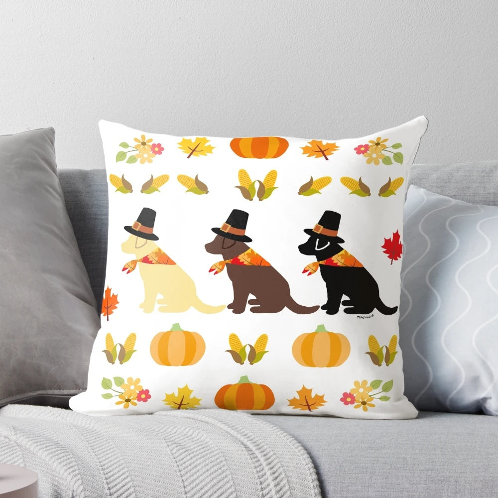 A cozy Thanksgiving-themed throw pillow featuring a silhouette of a Labrador Retriever dog.